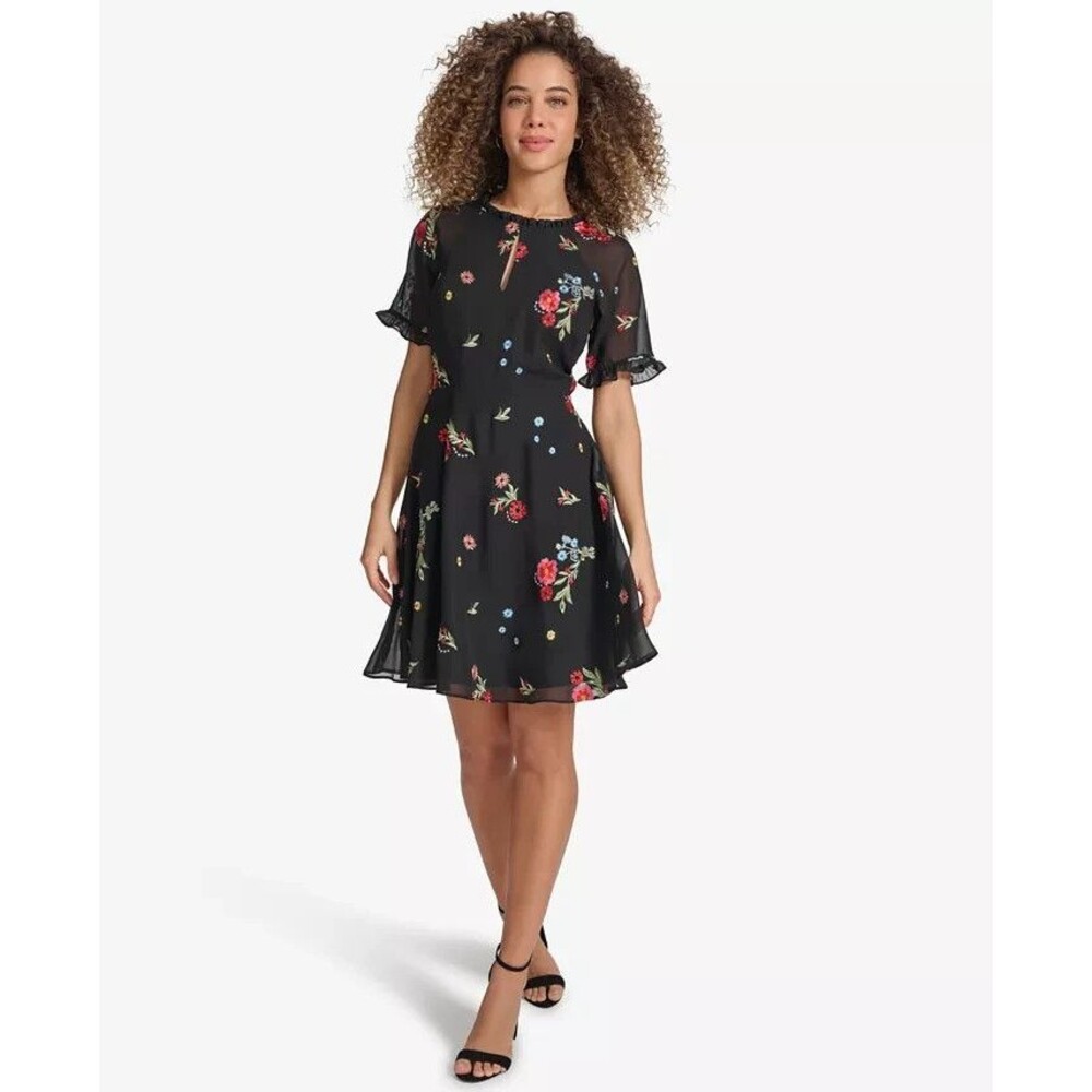 kensie Women's Floral Embroidered Chiffon Back-Cutout Dress Black Multi 2